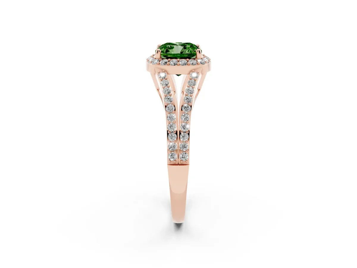Fancy Green Cushion Cut Halo Split Shank Diamond Ring with Prong Setting Rose gold