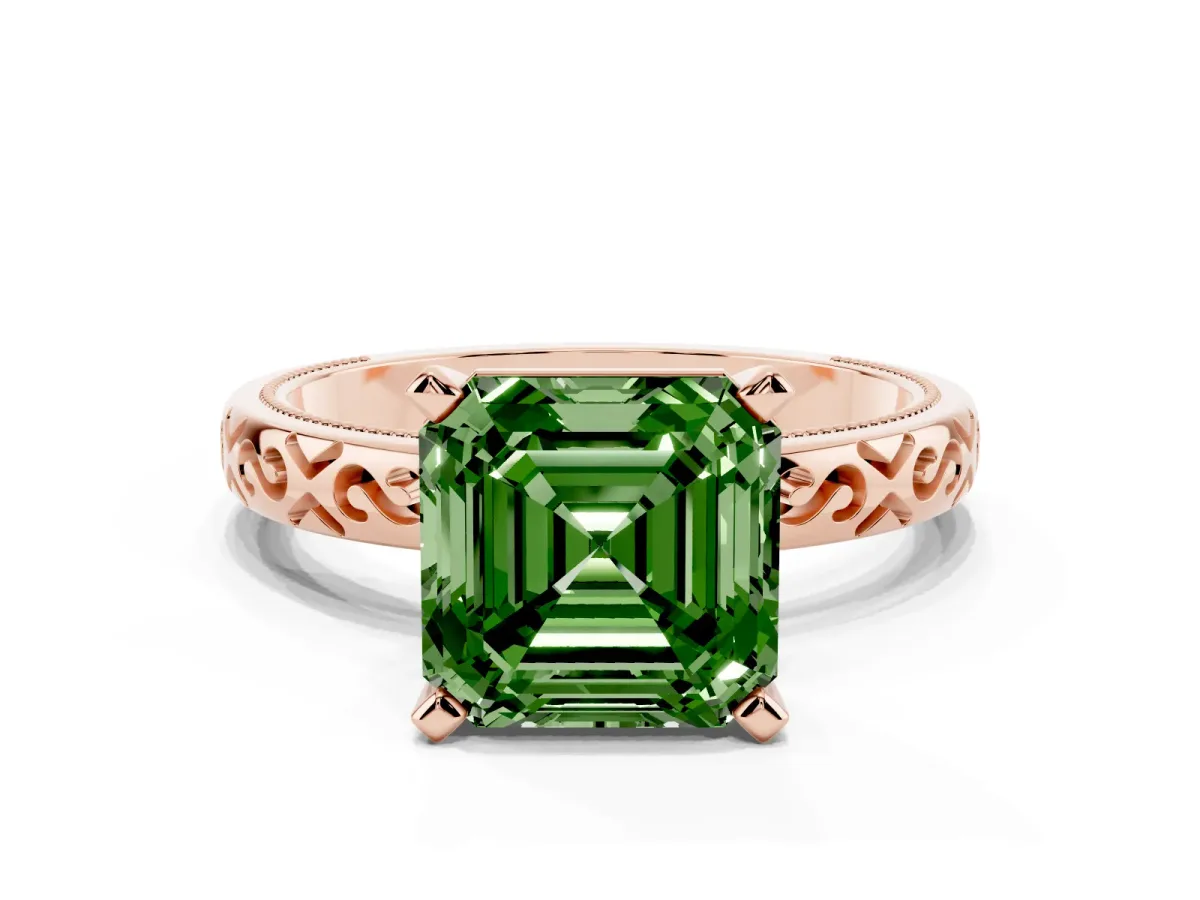 Fancy Green Asscher Cut Solitaire Engagement Ring with Scrollwork Band and Four-Prong Setting Rose gold