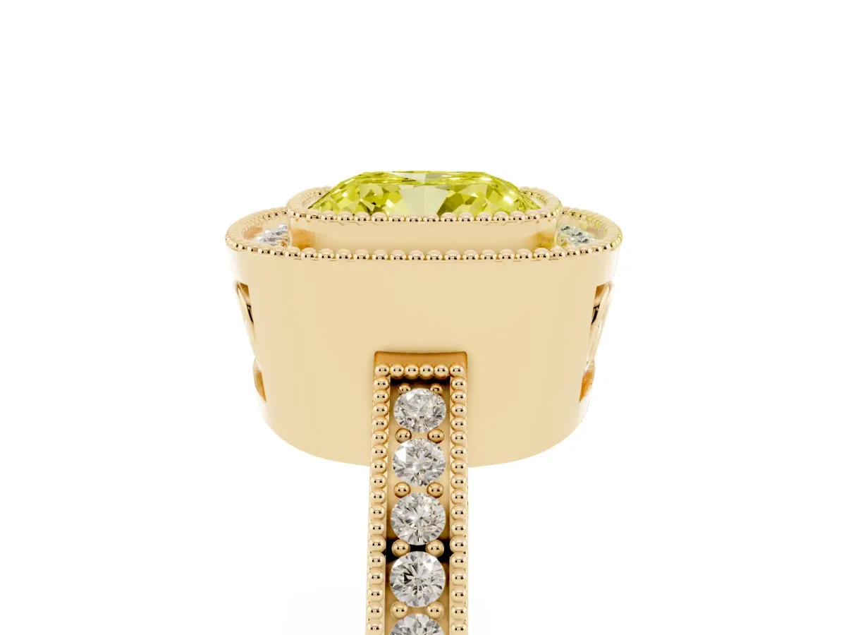 Fancy Yellow Cushion Cut Cut Halo Diamond Ring with Pavé Band and Milgrain Prong Setting Yellow gold