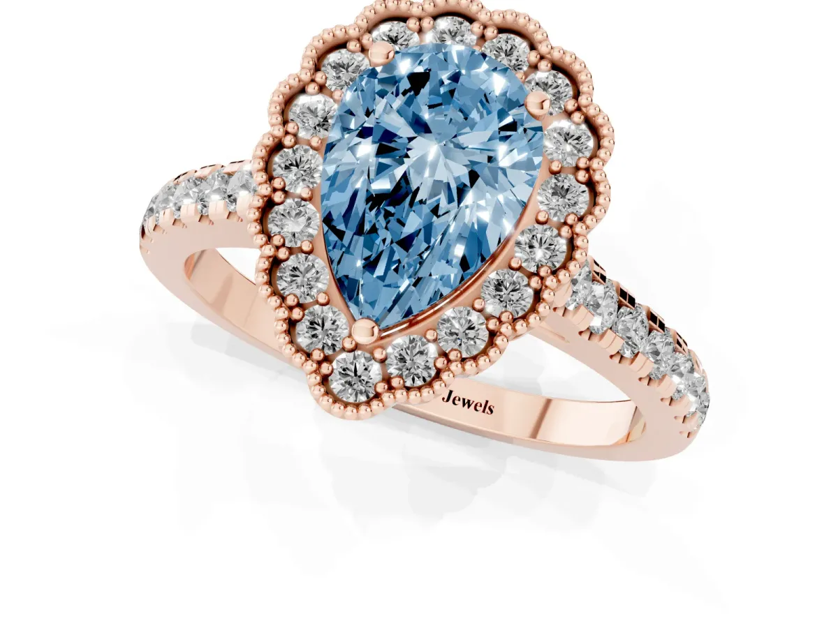 Fancy Blue Pear Cut Cut Diamond Milgrain Floral Halo Engagement Ring with Pavé Band Rose gold