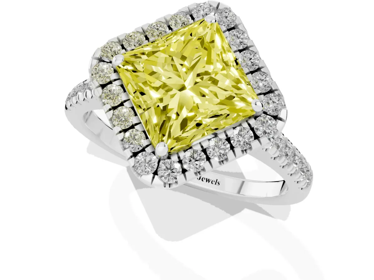 Fancy Yellow Princess Cut Diamond Cushion Halo Ring with Pavé Band White gold
