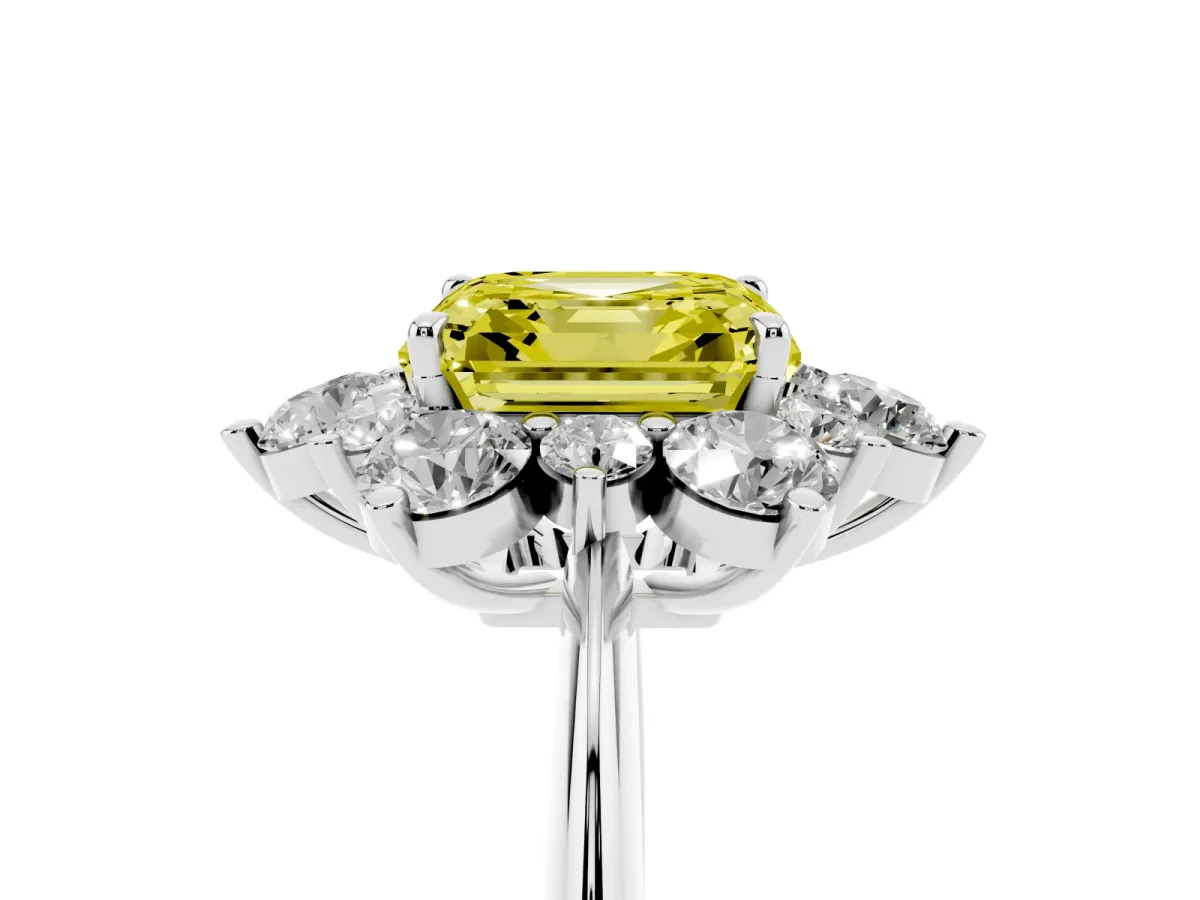 Fancy Yellow Asscher Cut Diamond Cluster Halo Ring with Solitaire Band and Four-Prong Setting White gold