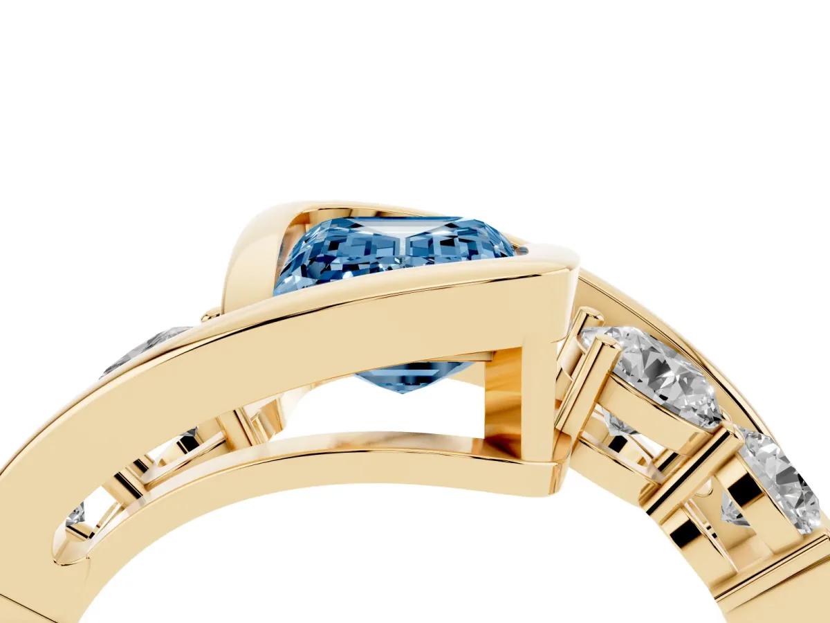 Fancy Blue Bezel Set Emerald Cut Diamond Bypass Ring with Round Accents Yellow gold