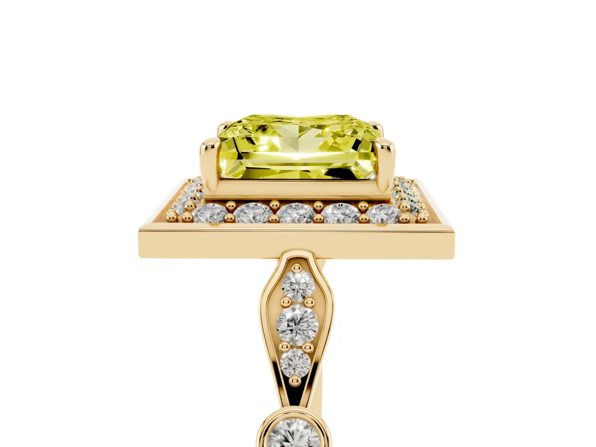 Fancy Yellow Princess Cut Halo Diamond Engagement Ring with Twisted Band and Four-Prong Setting Yellow gold