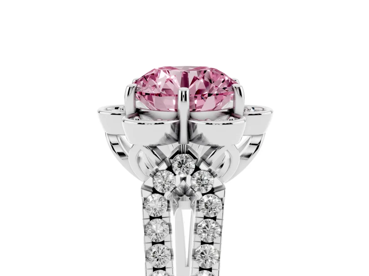 Fancy Pink Round Cut Halo Diamond Floral Split Shank Engagement Ring Silver