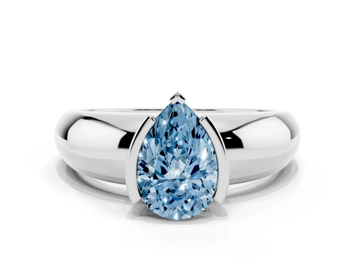 Fancy Blue Pear Cut Solitaire Tension Set Diamond Ring with Wide Band Silver
