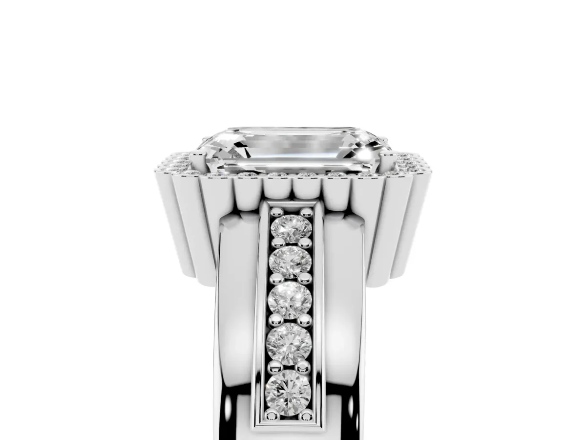 Emerald Cut Cut Halo Pave Band Four-Prong Ring Silver