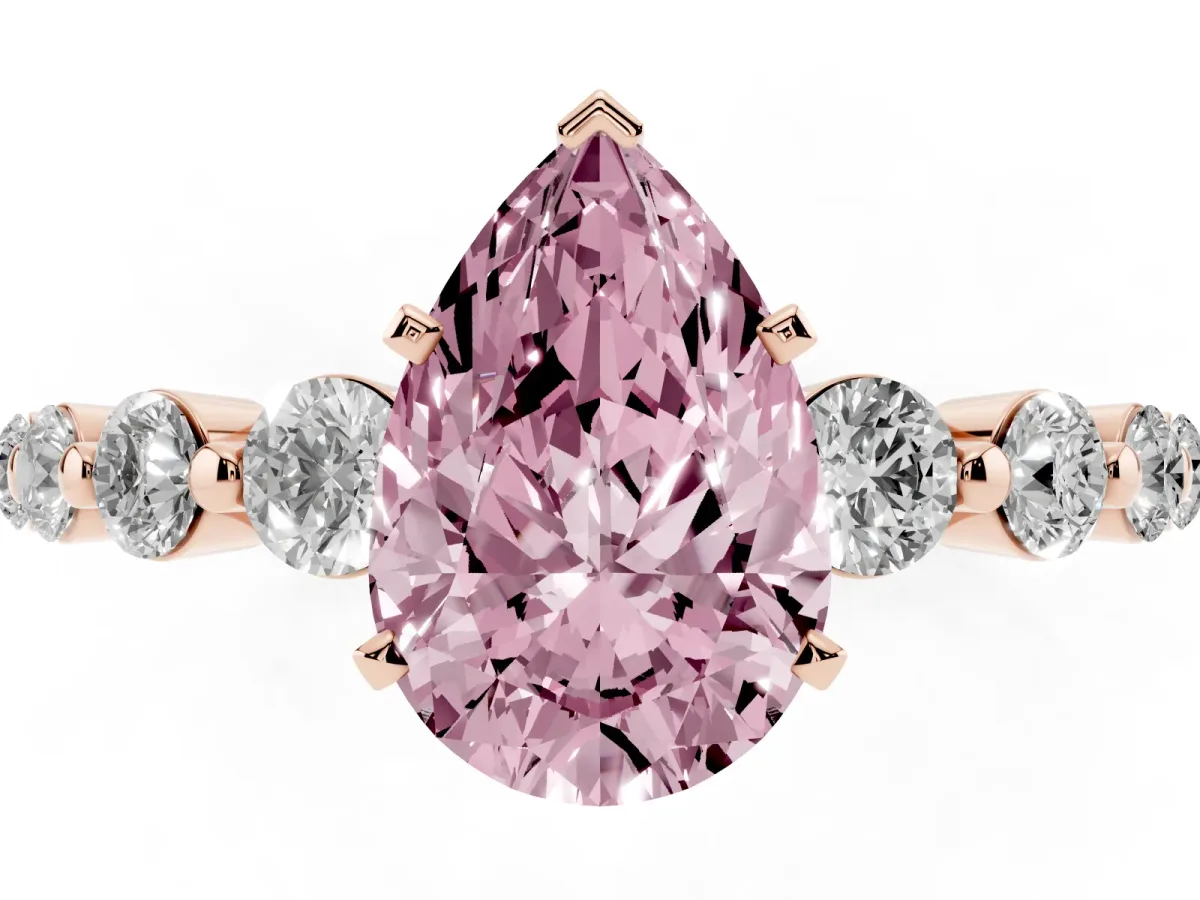Fancy Pink Pear Cut Solitaire Diamond Ring with Pave Band and Four-Prong Setting Rose gold