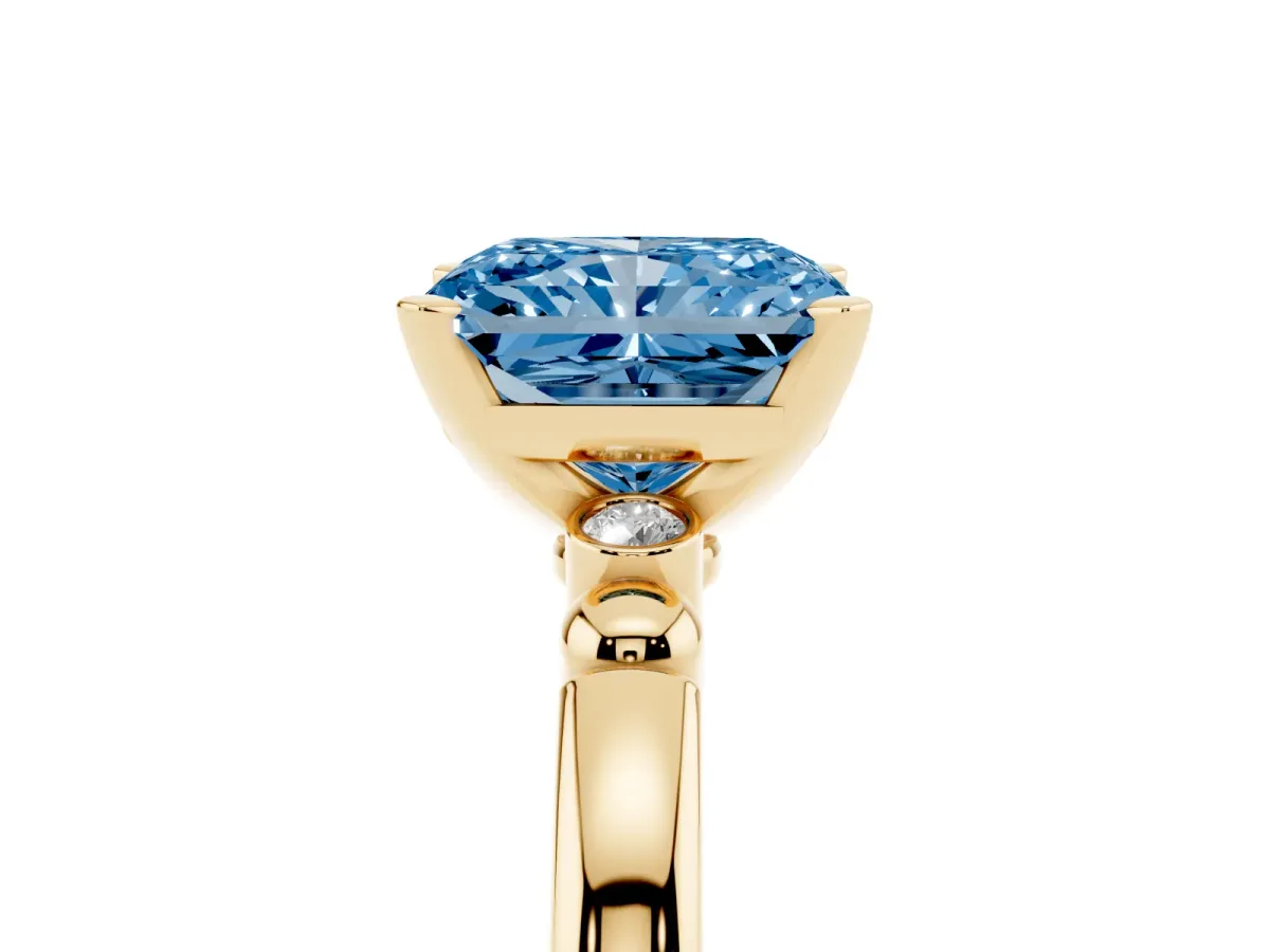 Fancy Blue Radiant Cut Solitaire Beaded Band with Four-Prong Setting Yellow gold
