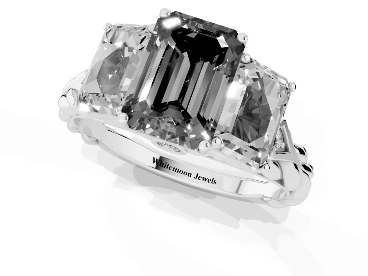Fancy Black Three-Stone Radiant Cut Diamond Braided Band Ring with Four-Prong Setting Platinum