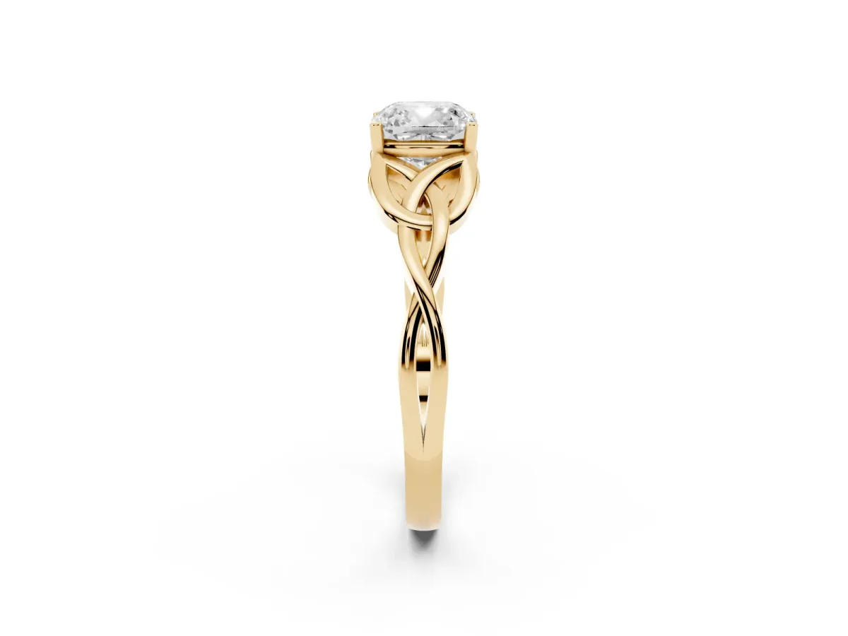 Cushion Cut Diamond Solitaire Engagement Ring with Celtic Knot Band and Four-Prong Setting Yellow gold
