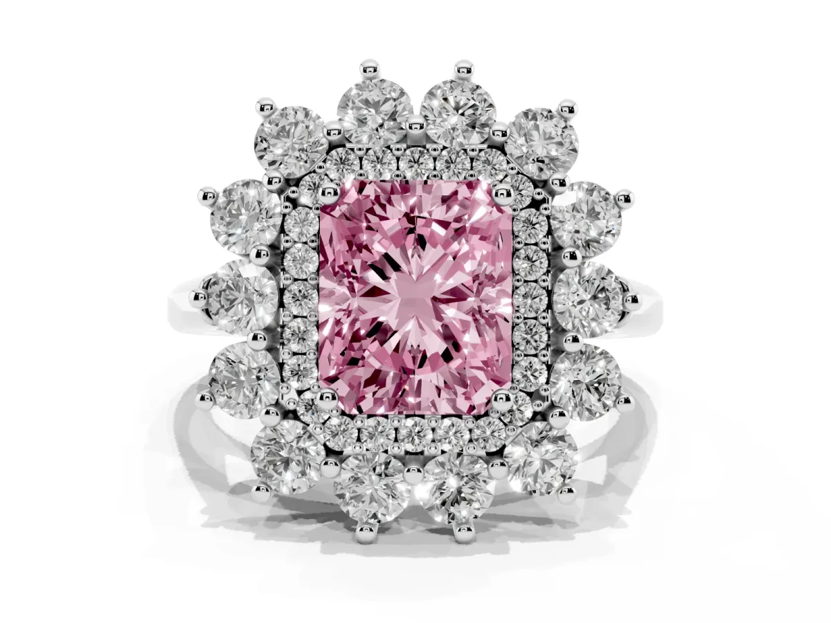 Fancy Pink Radiant Cut Diamond Floral Double Halo Engagement Ring with Prong Setting Silver