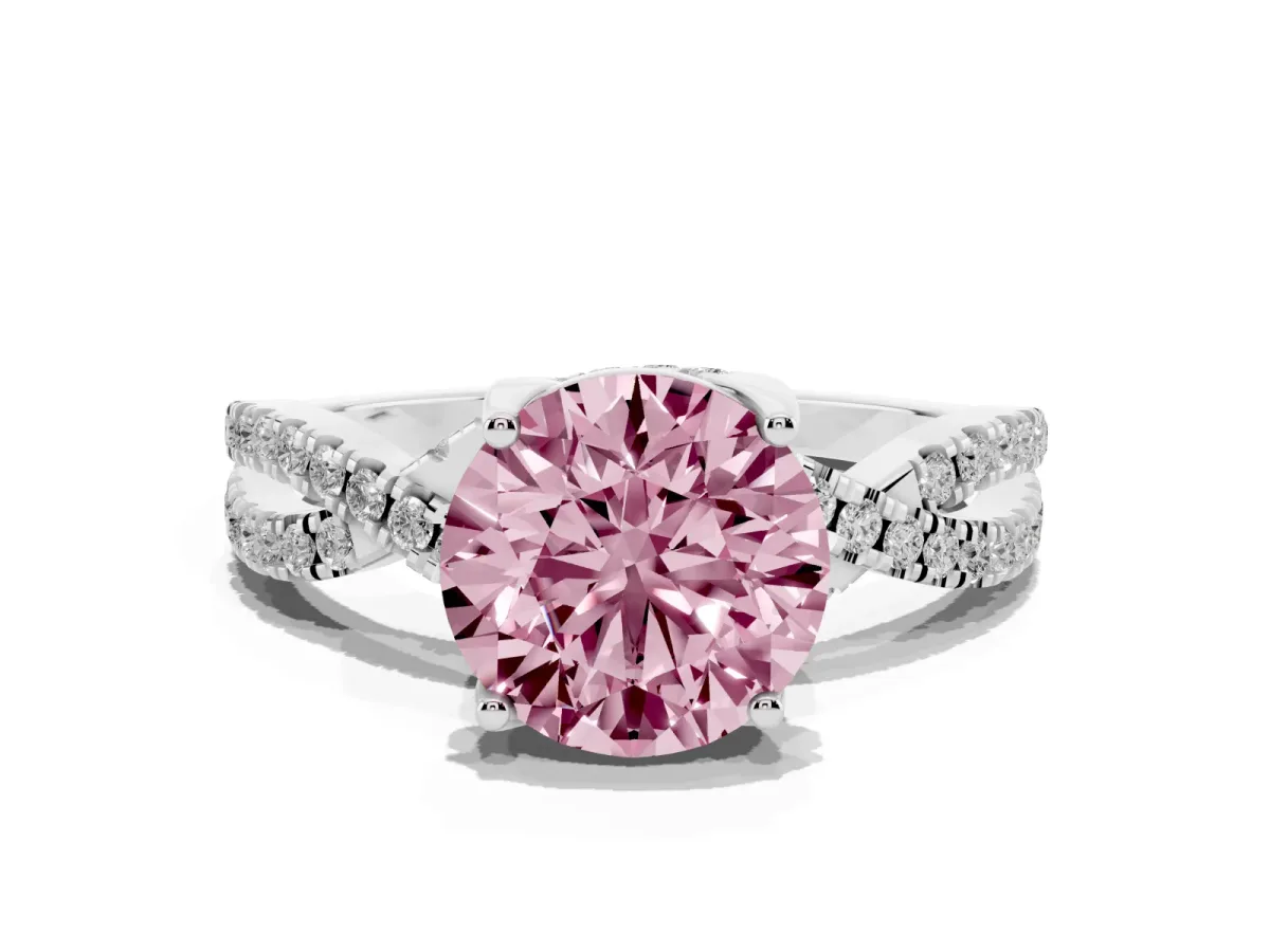Fancy Pink Round Cut Solitaire Twist Pave Diamond Engagement Ring with Prong Setting Silver