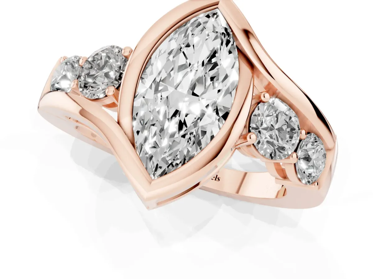 Bezel Set Marquise Cut Diamond Bypass Ring with Round Accents Rose gold
