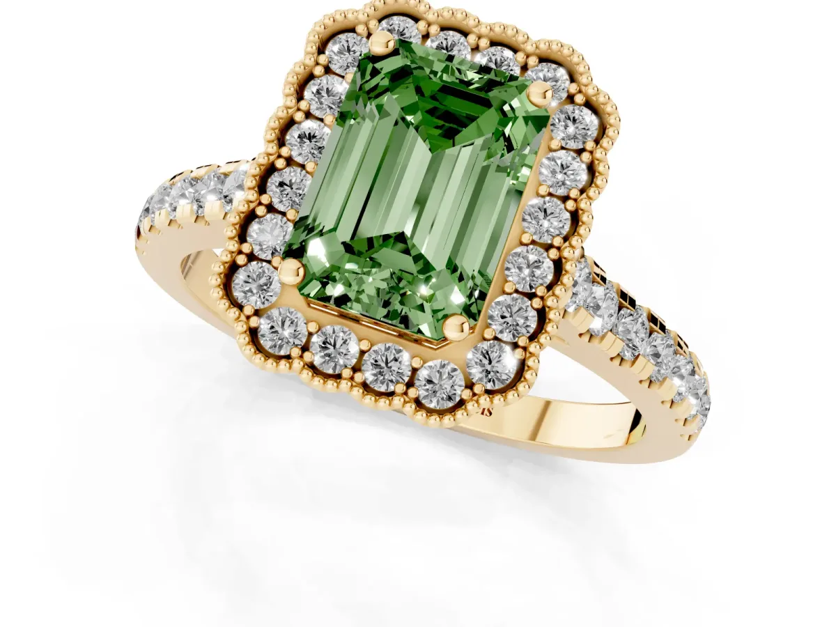 Fancy Green Emerald Cut Cut Diamond Milgrain Floral Halo Engagement Ring with Pavé Band Yellow gold