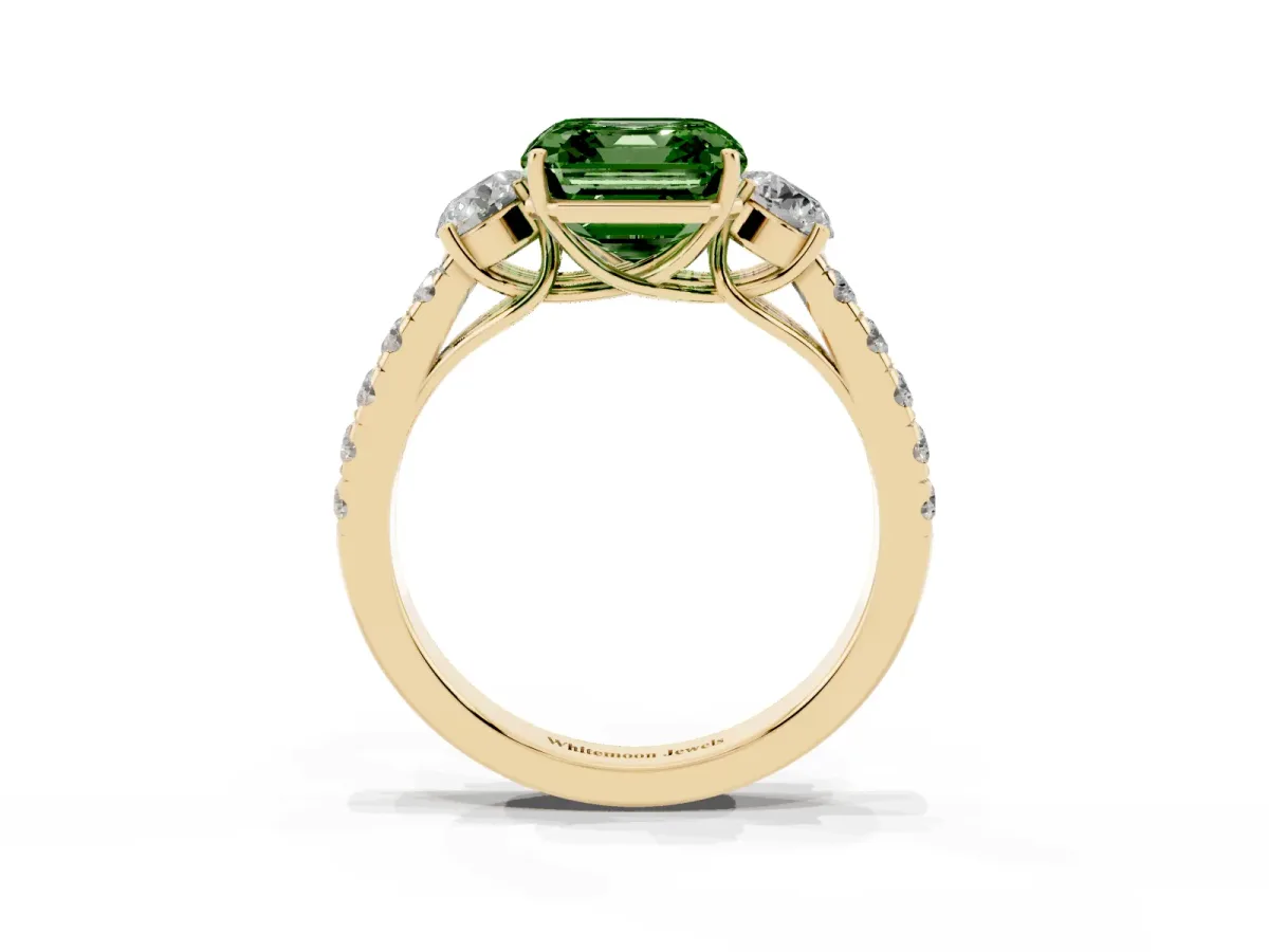 Fancy Green Asscher Cut Cut Diamond Three-Stone Ring with Round Side Stones and Pavé Band Yellow gold
