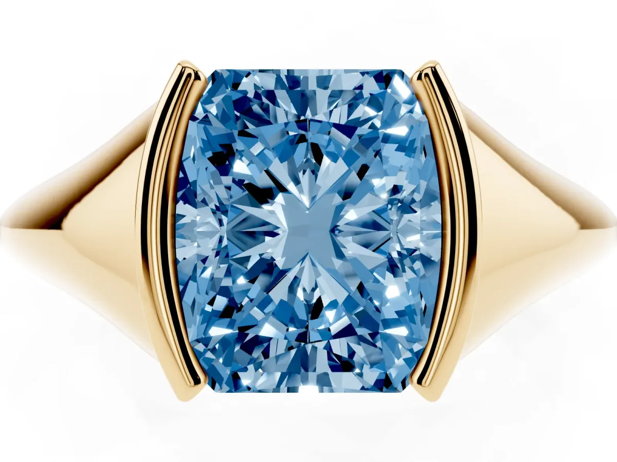 Fancy Blue Radiant Cut Solitaire Tension Set Diamond Ring Yellow gold