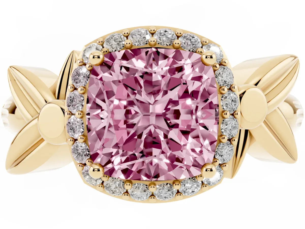Fancy Pink Cushion Cut Halo Diamond Floral Band with Four-Prong Setting Yellow gold