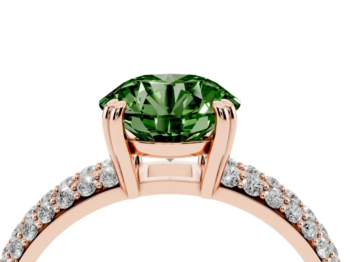 Fancy Green Round Cut Diamond Solitaire Ring with Multi-Row Round Pavé Band and Prong Setting Rose gold