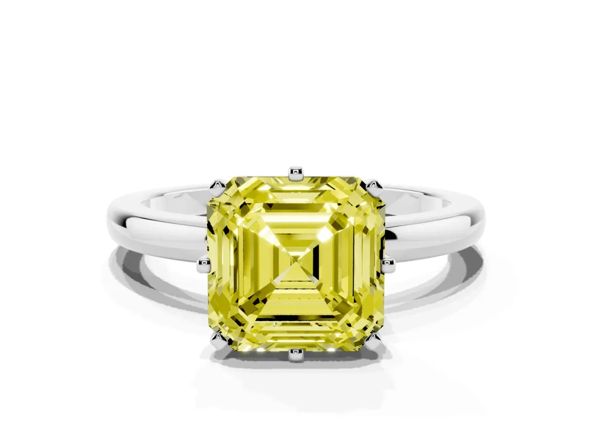 Fancy Yellow Asscher Cut Solitaire Diamond Ring with Six-Prong Setting on a Classic Band Silver