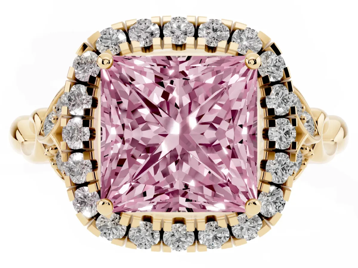 Fancy Pink Princess Cut Halo Diamond Engagement Ring with Vintage-Inspired Band and Four-Prong Setting Yellow gold