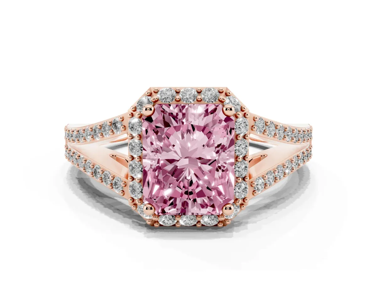 Fancy Pink Radiant Cut Halo Split Shank Pave Diamond Ring with Four-Prong Setting Rose gold