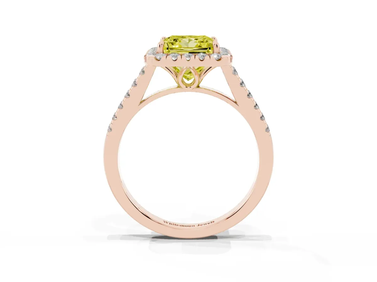 Fancy Yellow Princess Cut Halo Pavé Diamond Engagement Ring with Four-Prong Setting Rose gold