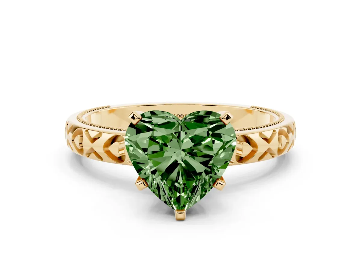 Fancy Green Heart Cut Solitaire Diamond Engagement Ring with XO Engraved Band and Four-Prong Setting Yellow gold