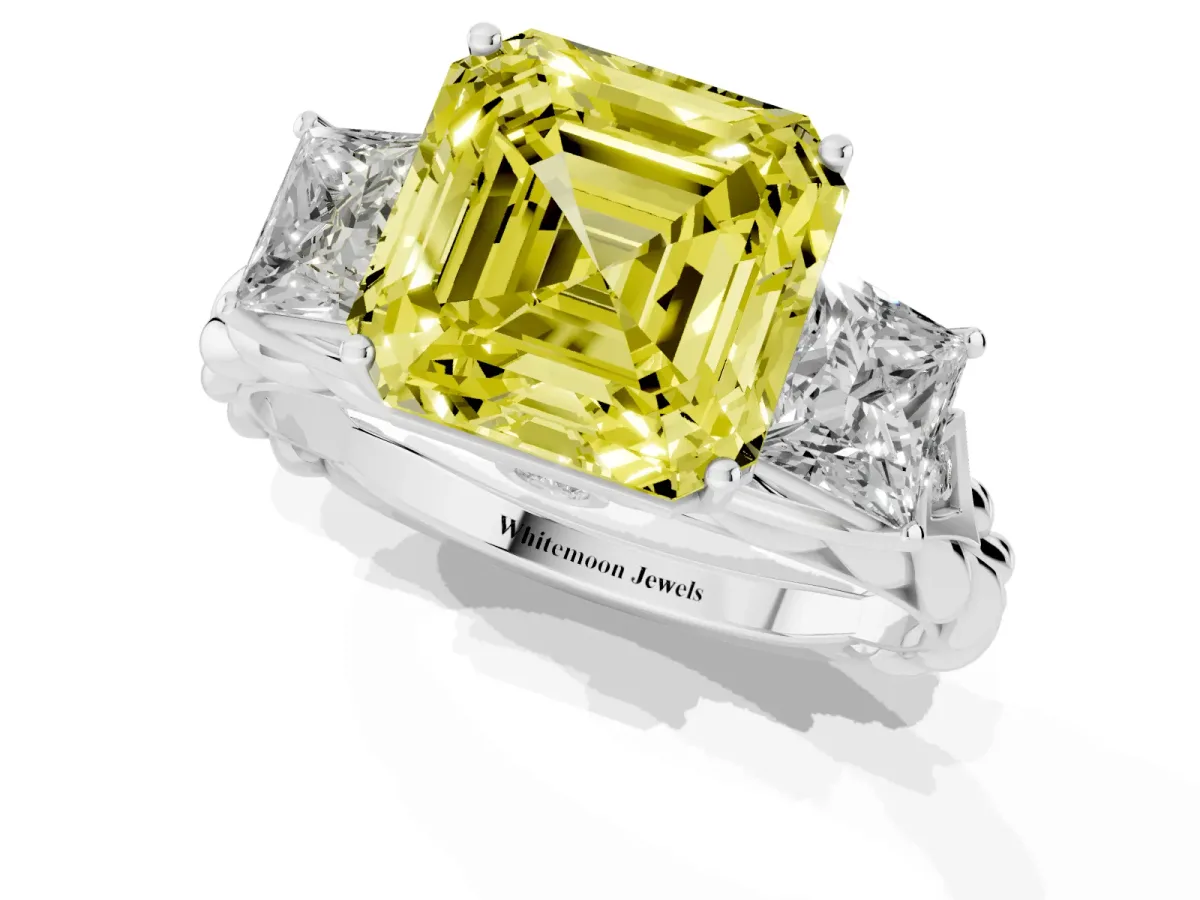 Fancy Yellow Three-Stone Asscher Cut Diamond Braided Band Ring with Four-Prong Setting Silver