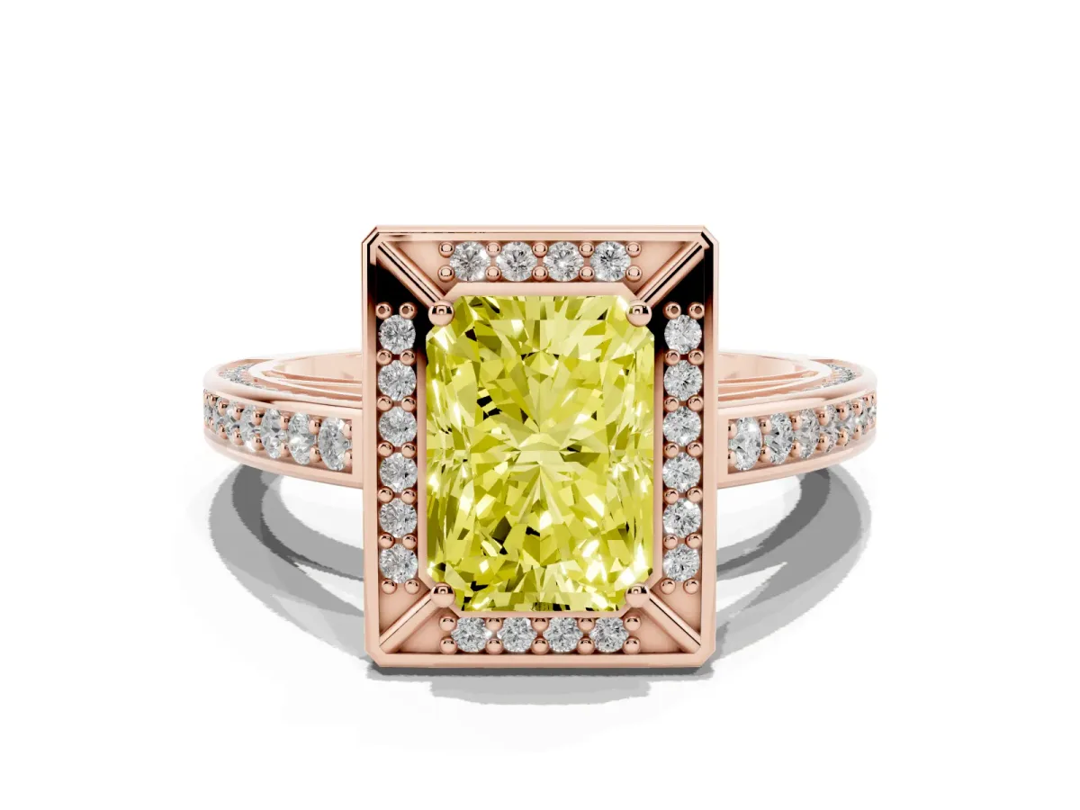 Fancy Yellow Radiant Cut Cut Halo Pave Split Shank Prong Setting Ring Rose gold