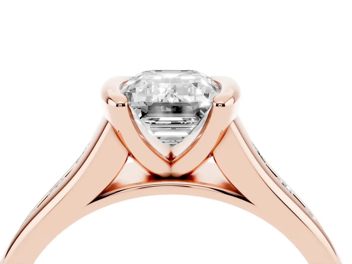 Emerald Cut Solitaire Bezel-Set Diamond Ring with Channel-Set Band Rose gold