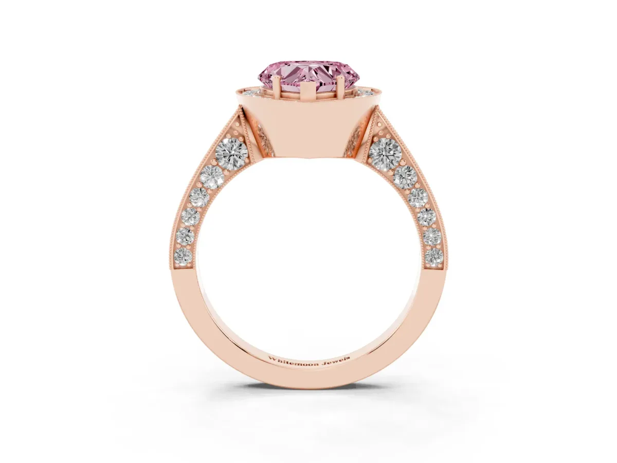 Fancy Pink Heart Cut Halo Diamond Engagement Ring with Split Shank Band and Four-Prong Setting Rose gold