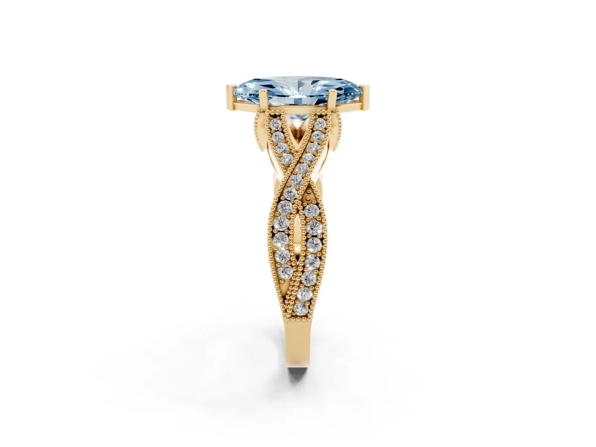 Fancy Blue Marquise Cut Cut Diamond Twisted Band with Milgrain Pave Setting and Four-Prong Setting Yellow gold