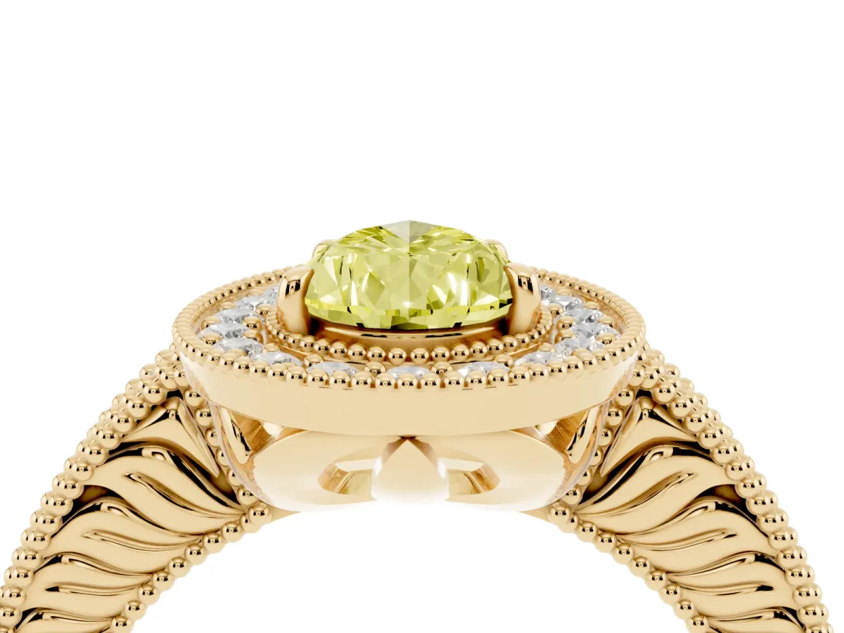 Fancy Yellow Pear Cut Cut Halo Diamond Ring with Pavé Band and Four-Prong Setting Yellow gold