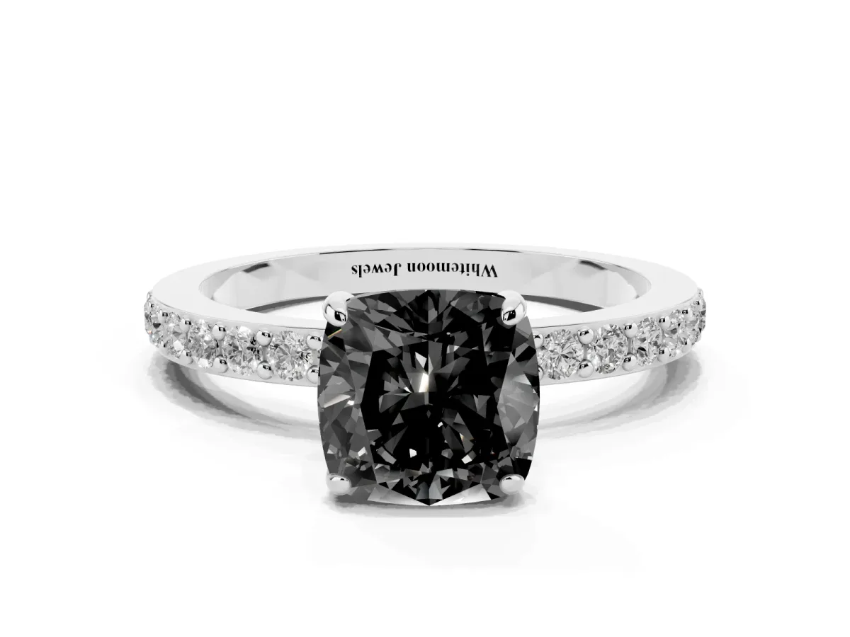Fancy Black Cushion Cut Diamond Pavé Engagement Ring with Round Accents and Prong Setting Silver