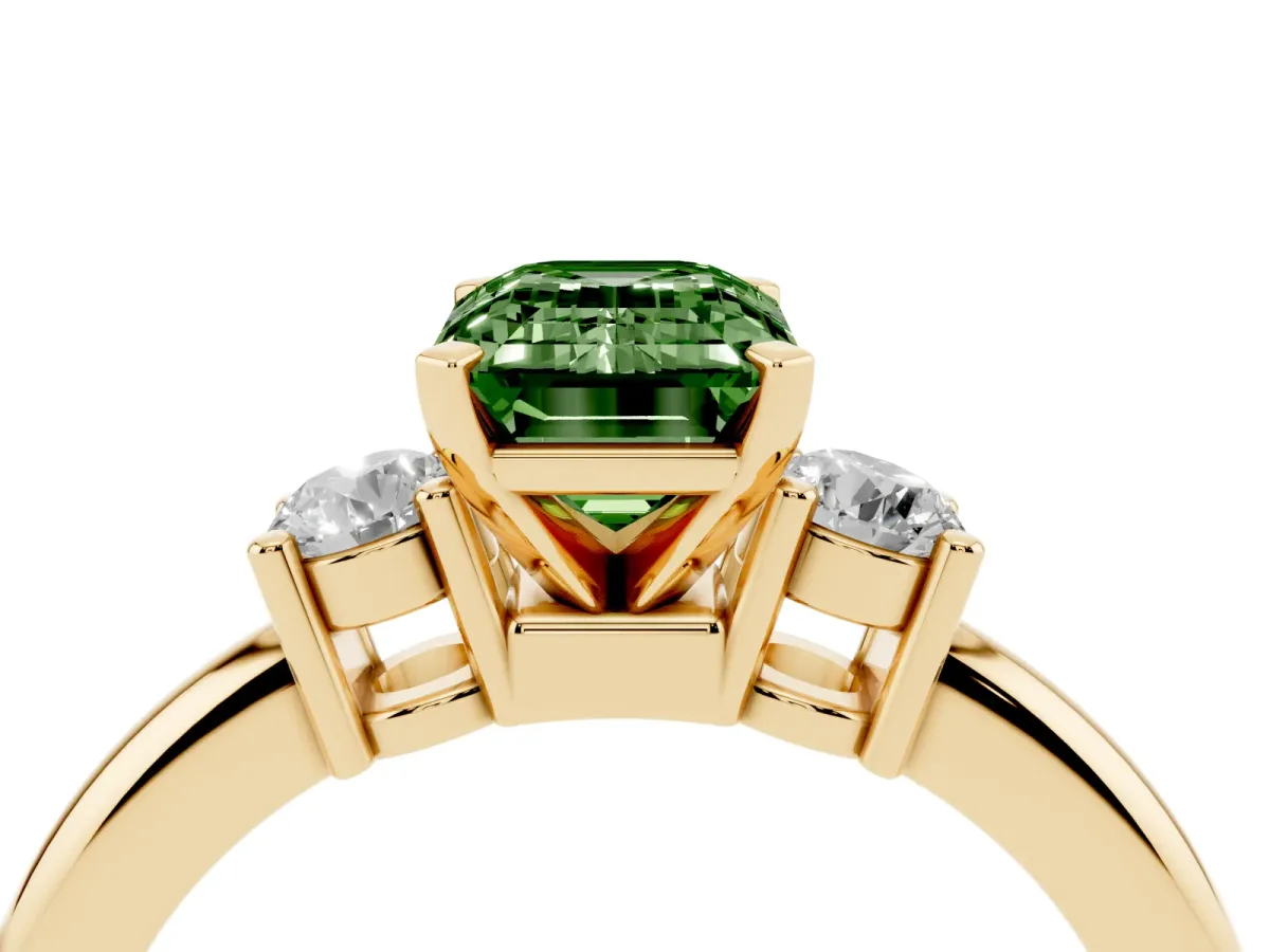Fancy Green Three-Stone Emerald Cut Cut Diamond Solitaire with Prong Setting and Classic Band Yellow gold