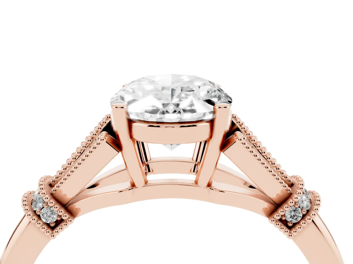 Oval Cut Diamond Solitaire Ring with Floral Filigree and Pave Accents Rose gold