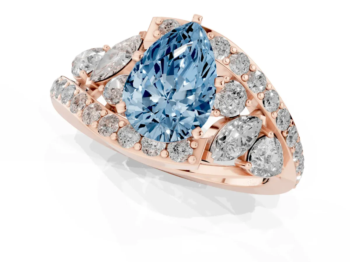 Fancy Blue Pear Cut Diamond Halo Ring with Marquise and Pavé Band in Prong Setting Rose gold