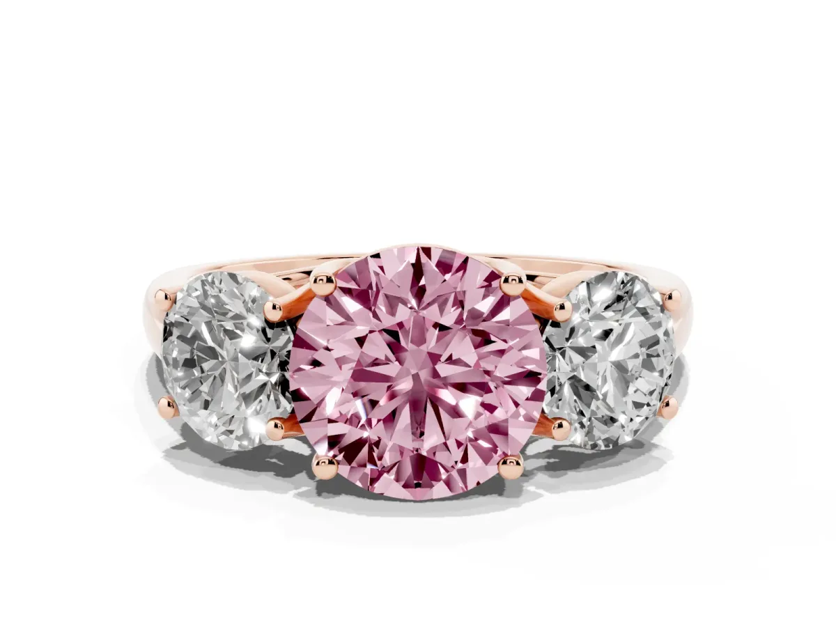 Fancy Pink Three-Stone Round Cut Diamond Engagement Ring with Prong Setting Rose gold