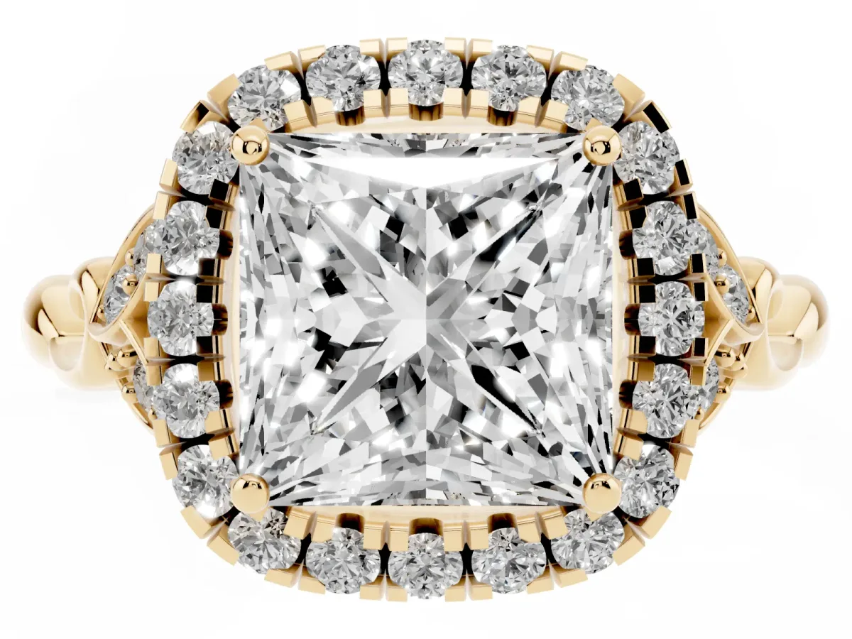 Princess Cut Halo Diamond Engagement Ring with Vintage-Inspired Band and Four-Prong Setting Yellow gold