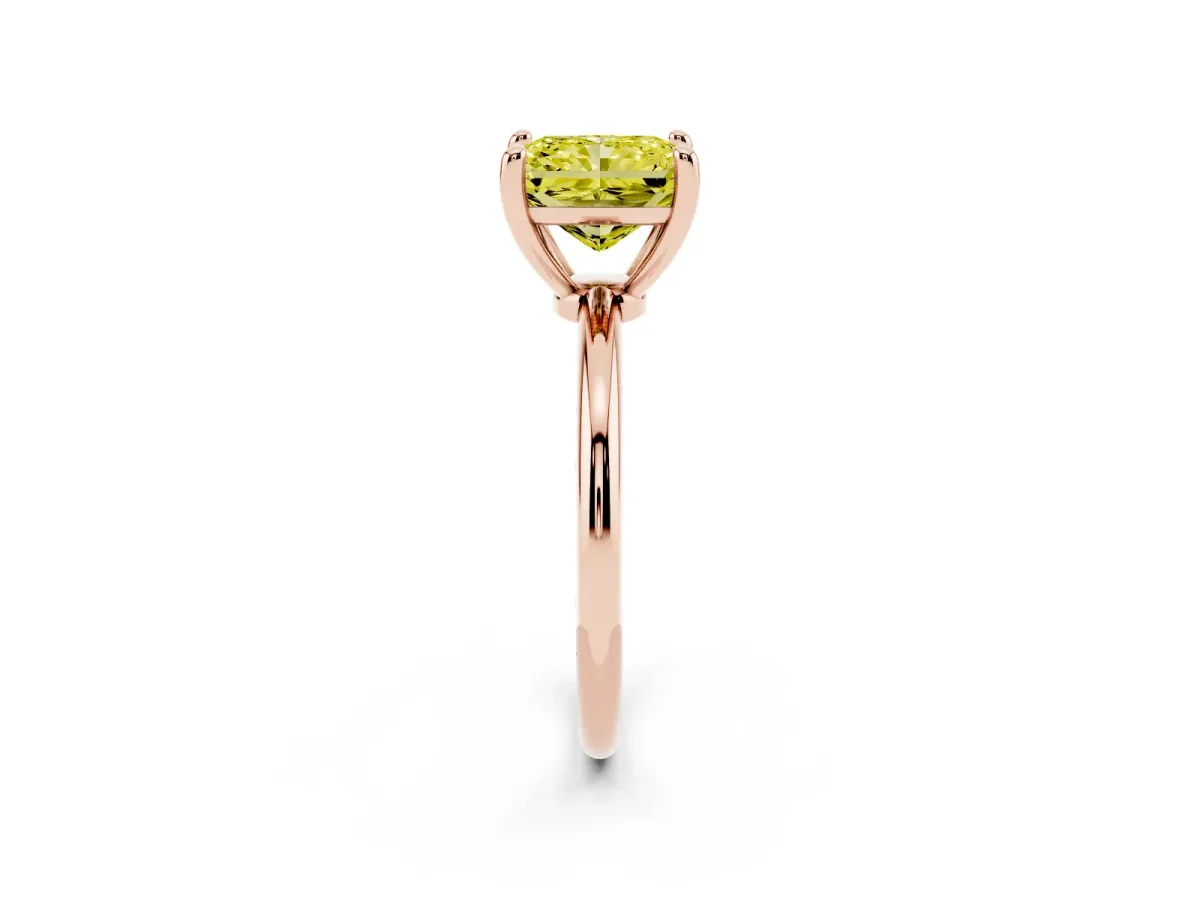 Fancy Yellow Radiant Cut Solitaire Diamond Ring with 4-Prong Setting on a Classic Band Rose gold