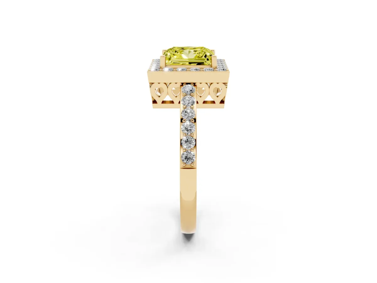 Fancy Yellow Princess Cut Halo Diamond Pavé Band Ring with Prong Setting Yellow gold