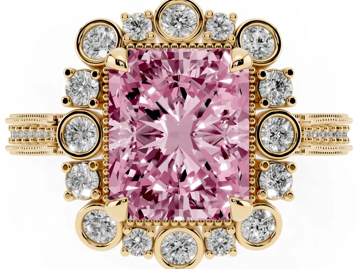 Fancy Pink Radiant Cut Halo Milgrain Pave Diamond Ring with Four-Prong Setting Yellow gold