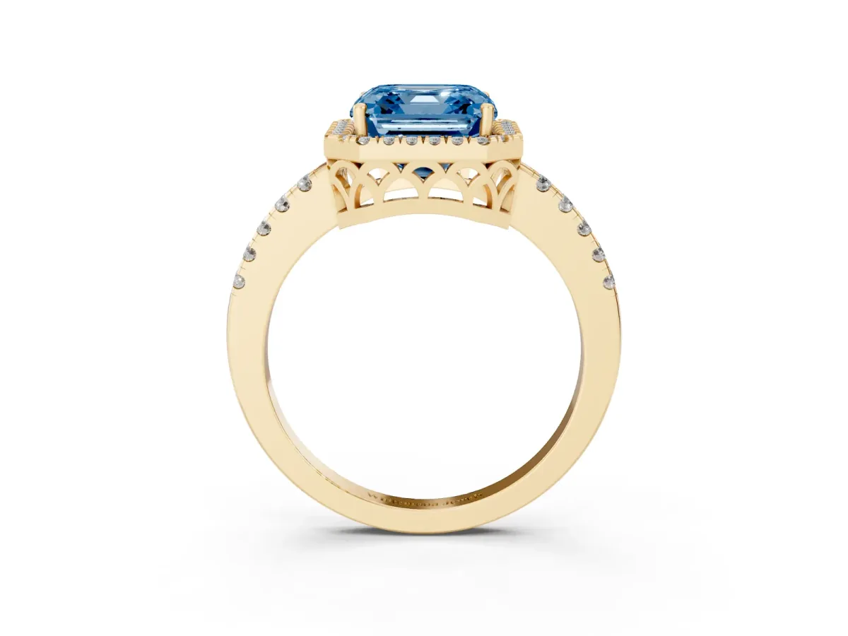 Fancy Blue Asscher Cut Halo Diamond Engagement Ring with Pavé Band and Four-Prong Setting Yellow gold