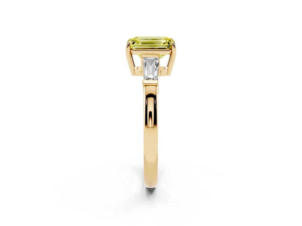 Fancy Yellow Emerald Cut Diamond Three-Stone Ring with Tapered Baguette Side Stones and Prong Setting Yellow gold