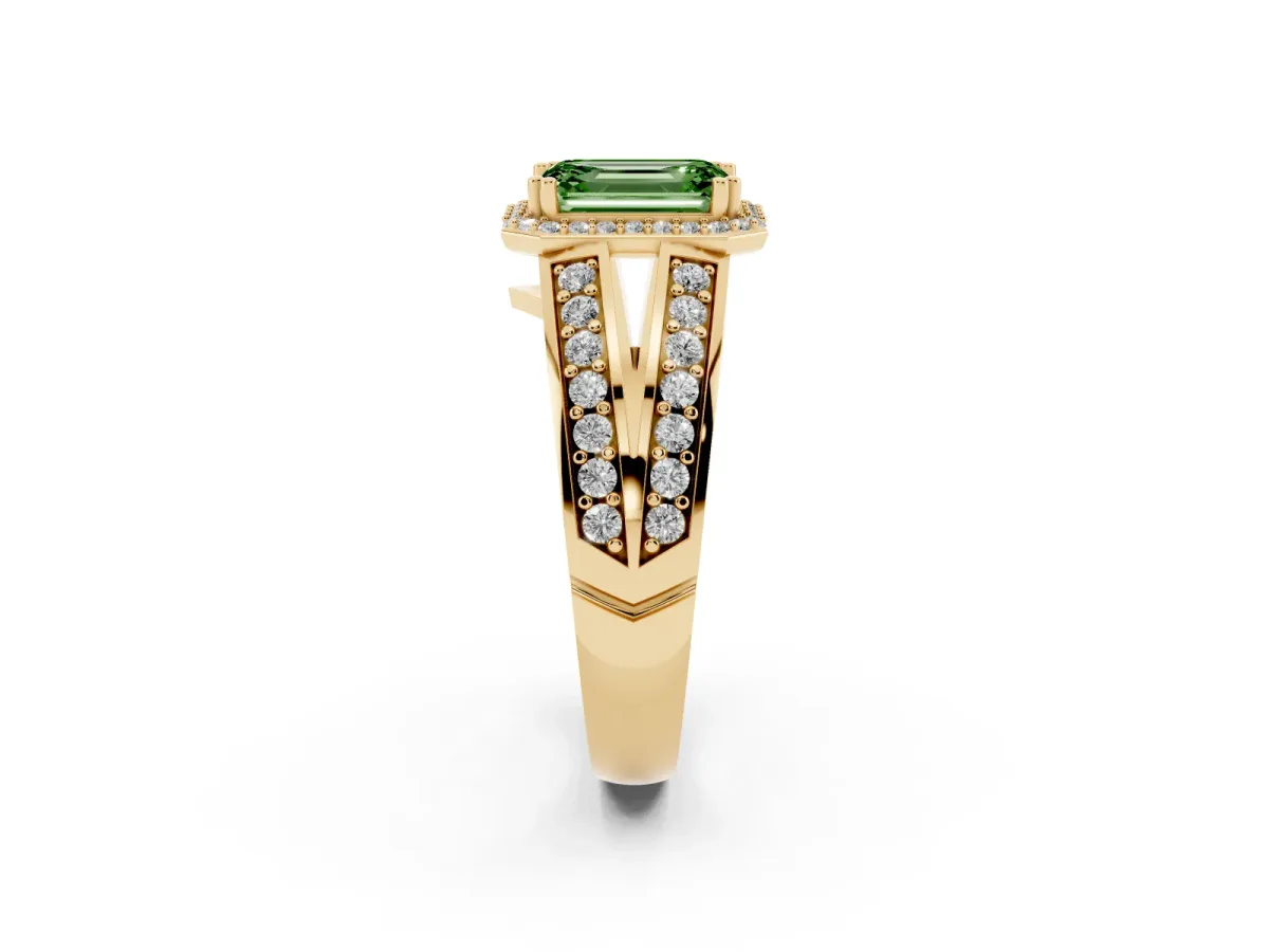 Fancy Green Emerald Cut Diamond Halo Ring with Split Shank Pavé Band and Four-Prong Setting Yellow gold