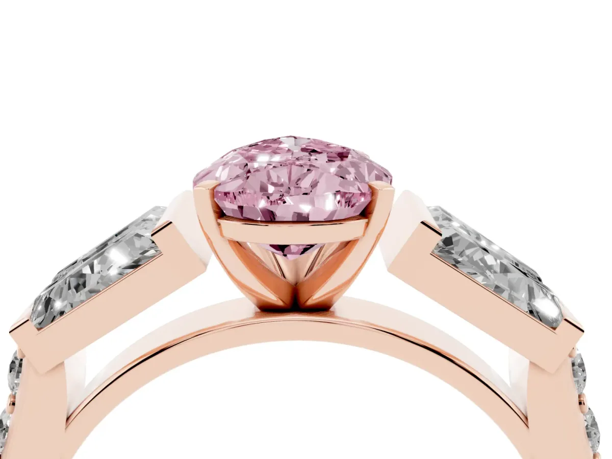 Fancy Pink Pear Cut Diamond Engagement Ring with Baguette Side Stones and Channel Set Band Rose gold