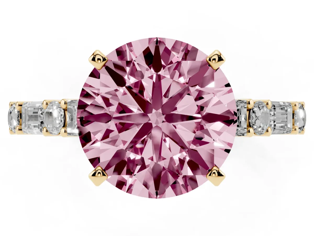Fancy Pink Round Cut Diamond Solitaire with Side Baguettes and Channel Set Band Yellow gold