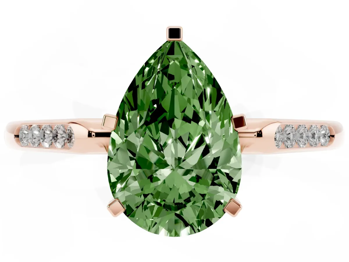 Fancy Green Pear Cut Diamond Solitaire Ring with Channel Set Round Band and Prong Setting Rose gold