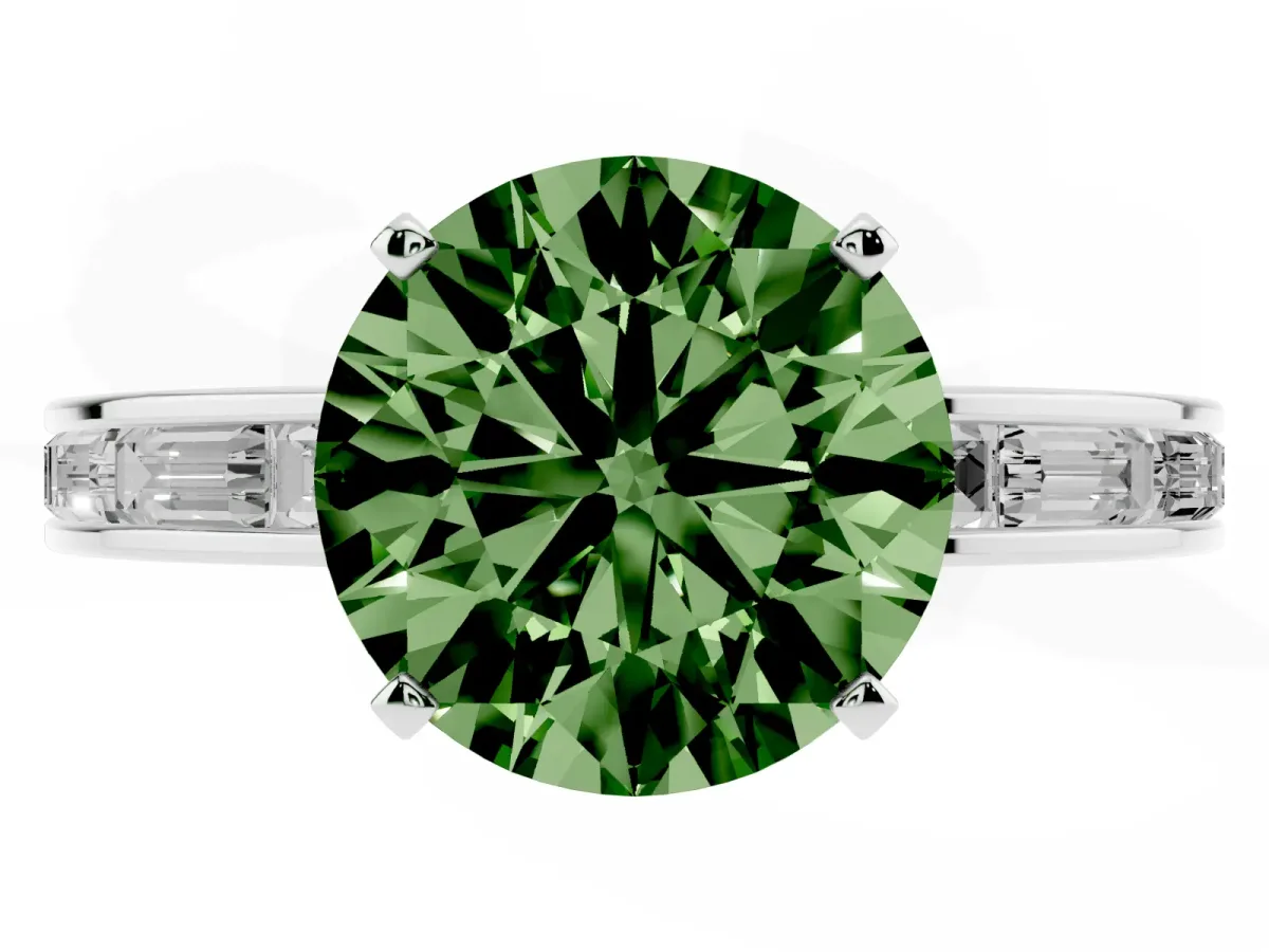Fancy Green Round Cut Solitaire Diamond Ring with Channel-Set Baguette Band and Four-Prong Setting White gold